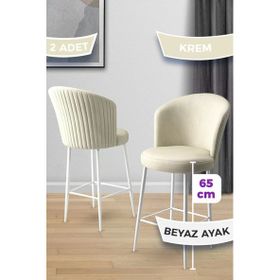 Canisa 22ALTEBYZ02 Alte Serisi 2 Adet Krem Babyface Kumaş Beyaz Metal Ayak Bar Sandalyesi