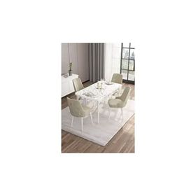 Canisa Are Serisi 80x132 MDF Açılabilir Beyaz Mermer Desen Masa Takımı Gold Halkalı Krem 4 Sandalye