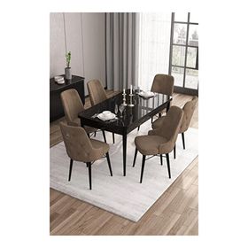 Canisa Are Serisi 80x132 MDF Açılabilir Siyah Mermer Desen Masa Takımı Gold Halkalı Kahverengi 6 Sandalye