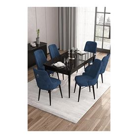 Canisa Are Serisi 80x132 MDF Açılabilir Siyah Mermer Desen Masa Takımı Gold Halkalı Lacivert 6 Sandalye