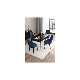 Canisa Are Serisi 80x132 MDF Açılabilir Siyah Mermer Desen Masa Takımı Gümüş Halkalı Lacivert 4 Sandalye