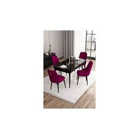 Canisa Are Serisi 80x132 MDF Açılabilir Siyah Mermer Desen Masa Takımı Gümüş Halkalı Mürdüm 4 Sandalye