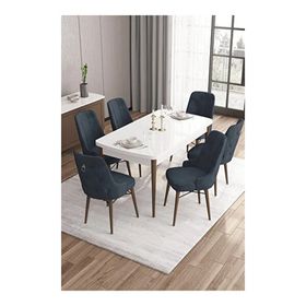 Canisa Are Serisi Beyaz Masa Ceviz Ayak MDF 80x132 Açılabilir Yemek Odası Takımı Gold Halkalı Lacivert 4 Sandalye