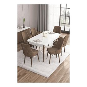 Canisa Are Serisi Beyaz Masa Ceviz Ayak MDF 80x132 Açılabilir Yemek Odası Takımı Gümüş Halkalı Kahverengi 4 Sandalye