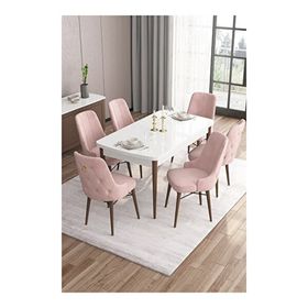 Canisa Are Serisi Beyaz Masa Ceviz Ayak MDF 80x132 Açılabilir Yemek Odası Takımı Gümüş Halkalı Pembe 4 Sandalye