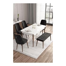 Canisa Are Serisi Beyaz Masa Ceviz Ayak MDF 80x132 Açılabilir Yemek Odası Takımı Gümüş Halkalı Siyah 4 Sandalye