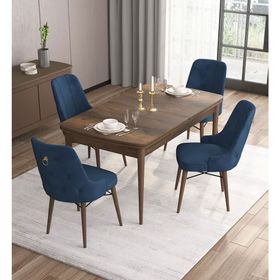 Canisa Are Serisi MDF 80x132 cm Açılabilir Barok Ahşap Desen 4 Sandalye Gold Halkalı Lacivert Mutfak Masası Takımı