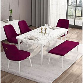 Canisa Are Serisi MDF 80x132 cm Açılabilir Barok Ahşap Desen 4 Sandalye Gold Halkalı Mürdüm Mutfak Masası Takımı