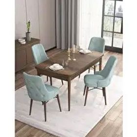 Canisa Are Serisi MDF 80x132 cm Açılabilir Barok Ahşap Desen 4 Sandalye Gold Halkalı Su Yeşili Mutfak Masası Takımı