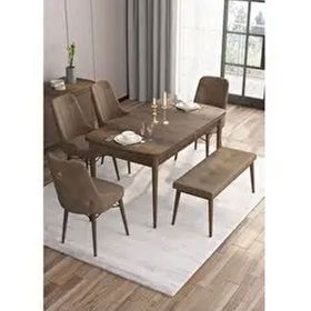 Canisa Are Serisi MDF 80x132 cm Açılabilir Barok Ahşap Desen 4 Sandalye Gold Halkalı ve 1 Bench Kahverengi Mutfak Masası Takımı