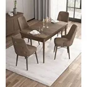 Canisa Are Serisi MDF 80x132 cm Açılabilir Barok Ahşap Desen 4 Sandalye Gümüş Halkalı Kahverengi Mutfak Masası Takımı