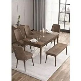 Canisa Are Serisi MDF 80x132 cm Açılabilir Barok Ahşap Desen 4 Sandalye Gümüş Halkalı ve 1 Bench Kahverengi Mutfak Masası Takımı