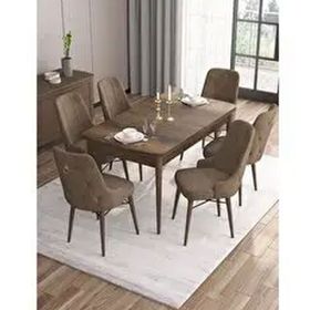 Canisa Are Serisi MDF 80x132 cm Açılabilir Barok Ahşap Desen 6 Sandalye Gold Halkalı Kahverengi Mutfak Masası Takımı