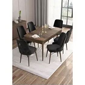 Canisa Are Serisi MDF 80x132 cm Açılabilir Barok Ahşap Desen 6 Sandalye Gold Halkalı Siyah Mutfak Masası Takımı