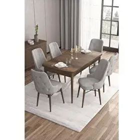 Canisa Are Serisi MDF 80x132 cm Açılabilir Barok Ahşap Desen 6 Sandalye Gümüş Halkalı Gri Mutfak Masası Takımı