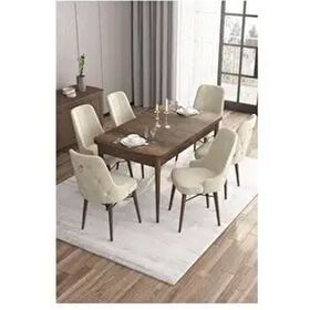 Canisa Are Serisi MDF 80x132 cm Açılabilir Barok Ahşap Desen 6 Sandalye Gümüş Halkalı Krem Mutfak Masası Takımı