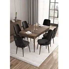 Canisa Are Serisi MDF 80x132 cm Açılabilir Barok Ahşap Desen 6 Sandalye Gümüş Halkalı Siyah Mutfak Masası Takımı