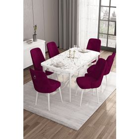Canisa ARE01BYZMR06GMS Concept Are Serisi 80x132 Açılabilir Mdf Beyaz Mermer Desen 6 Mürdüm Sandalye Gümüş Halkalı Masa Takımı