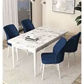 Canisa Arp Serisi Beyaz Mermer Desen 70x110 cm Sabit Lacivert Mutfak Masa Takımı