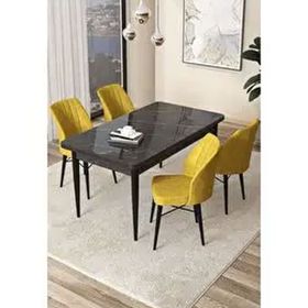 Canisa Arp Serisi Siyah Mermer Desen 70x110 cm Sabit Hardal Mutfak Masa Takımı