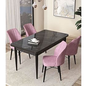 Canisa Arp Serisi Siyah Mermer Desen 70x110 cm Sabit Pembe Mutfak Masa Takımı