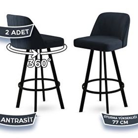 Canisa Atex Serisi 2 Adet Antrasit 1. Sınıf Babyface Kumaş Siyah Metal Ayaklı Döner Bar Sandalyesi