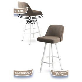 Canisa Atex Serisi 2 Adet Cappucino 1. Sınıf Babyface Kumaş Beyaz Metal Ayaklı Döner Bar Sandalyesi