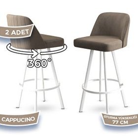 Canisa Atex Serisi 2 Adet Cappucino 1. Sınıf Babyface Kumaş Beyaz Metal Ayaklı Döner Bar Sandalyesi