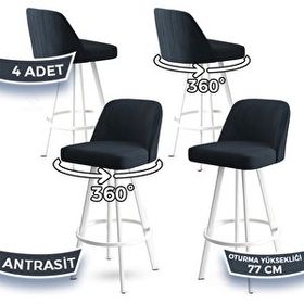 Canisa Atex Serisi 4 Adet Antrasit 1. Sınıf Babyface Kumaş Beyaz Metal Ayaklı Döner Bar Sandalyesi