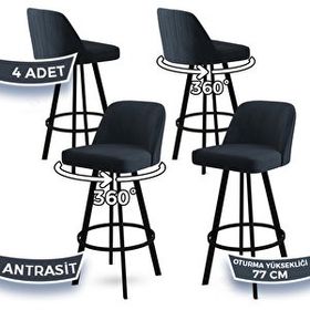 Canisa Atex Serisi 4 Adet Antrasit 1. Sınıf Babyface Kumaş Siyah Metal Ayaklı Döner Bar Sandalyesi
