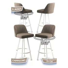 Canisa Atex Serisi 4 Adet Cappucino 1. Sınıf Babyface Kumaş Beyaz Metal Ayaklı Döner Bar Sandalyesi
