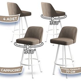 Canisa Atex Serisi 4 Adet Cappucino 1. Sınıf Babyface Kumaş Beyaz Metal Ayaklı Döner Bar Sandalyesi
