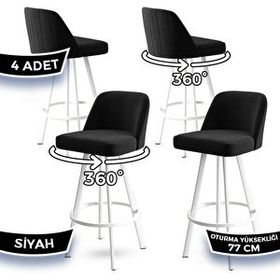 Canisa Atex Serisi 4 Adet Siyah 1. Sınıf Babyface Kumaş Beyaz Metal Ayaklı Döner Bar Sandalyesi