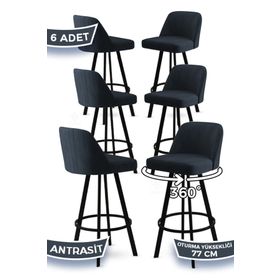 Canisa Atex Serisi 6 Adet Antrasit 1. Sınıf Babyface Kumaş Siyah Metal Ayaklı Döner Bar Sandalyesi
