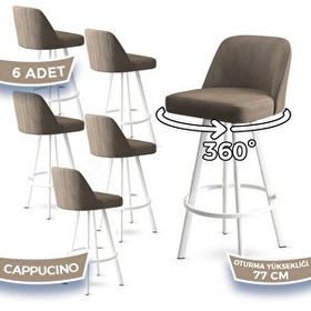 Canisa Atex Serisi 6 Adet Cappucino 1. Sınıf Babyface Kumaş Beyaz Metal Ayaklı Döner Bar Sandalyesi