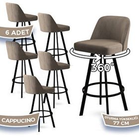 Canisa Atex Serisi 6 Adet Cappucino 1. Sınıf Babyface Kumaş Siyah Metal Ayaklı Döner Bar Sandalyesi
