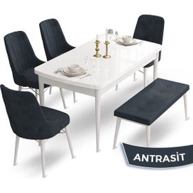 Canisa Concept Ahu Serisi 80x132 cm Açılabilir Beyaz Masa 4 Sandalye 1 Bench Antrasit Mutfak Masa Takımı