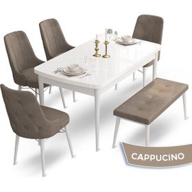 Canisa Concept Ahu Serisi 80x132 cm Açılabilir Beyaz Masa 4 Sandalye 1 Bench Cappuccino Mutfak Masa Takımı