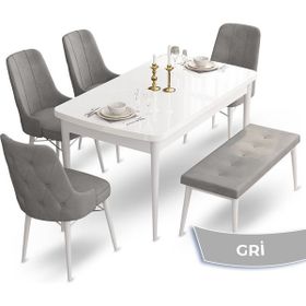 Canisa Concept Ahu Serisi 80x132 cm Açılabilir Beyaz Masa 4 Sandalye 1 Bench Gri Mutfak Masa Takımı