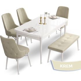 Canisa Concept Ahu Serisi 80x132 cm Açılabilir Beyaz Masa 4 Sandalye 1 Bench Krem Mutfak Masa Takımı