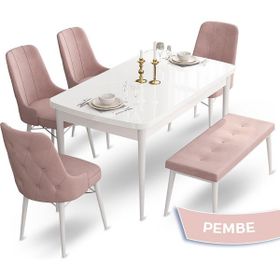 Canisa Concept Ahu Serisi 80x132 cm Açılabilir Beyaz Masa 4 Sandalye 1 Bench Pembe Mutfak Masa Takımı