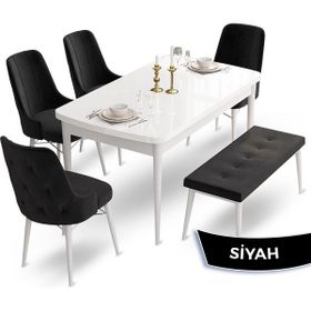Canisa Concept Ahu Serisi 80x132 cm Açılabilir Beyaz Masa 4 Sandalye 1 Bench Siyah Mutfak Masa Takımı
