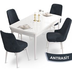 Canisa Concept Ahu Serisi 80x132 cm Açılabilir Beyaz Masa 4 Sandalye Antrasit Mutfak Masa Takımı