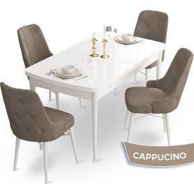 Canisa Concept Ahu Serisi 80x132 cm Açılabilir Beyaz Masa 4 Sandalye Cappucino Mutfak Masa Takımı