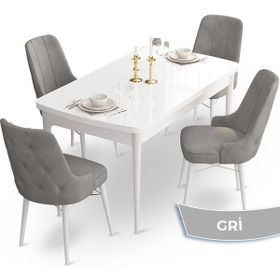 Canisa Concept Ahu Serisi 80x132 cm Açılabilir Beyaz Masa 4 Sandalye Gri Mutfak Masa Takımı
