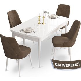 Canisa Concept Ahu Serisi 80x132 cm Açılabilir Beyaz Masa 4 Sandalye Kahverengi Mutfak Masa Takımı