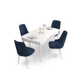 Canisa Concept Ahu Serisi 80x132 cm Açılabilir Beyaz Masa 4 Sandalye Lacivert Mutfak Masa Takımı