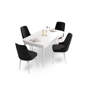 Canisa Concept Ahu Serisi 80x132 cm Açılabilir Beyaz Masa 4 Sandalye Siyah Mutfak Masa Takımı
