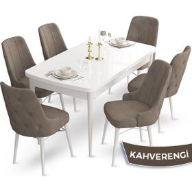 Canisa Concept Ahu Serisi 80x132 cm Açılabilir Beyaz Masa 6 Sandalye Cappucino Mutfak Masa Takımı