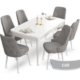 Canisa Concept Ahu Serisi 80x132 cm Açılabilir Beyaz Masa 6 Sandalye Gri Mutfak Masa Takımı